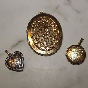 VINTAGE Lockets Jewelry Bundle 3 Piece Pendants Gold Romantic Photo Necklace